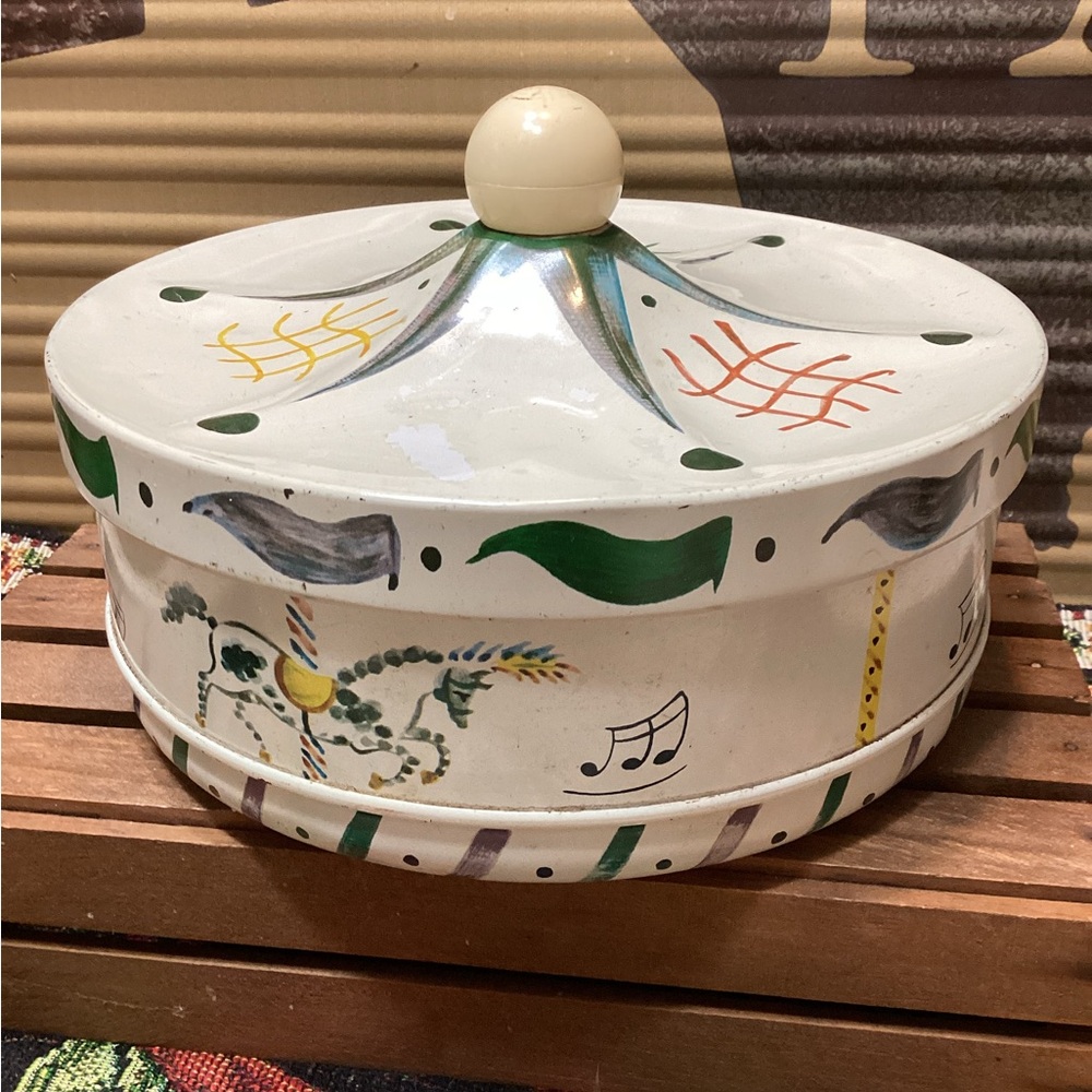 Hand-Painted Vintage Metal Carousel Merry Go Round Cookie Candy Tin Circus Style